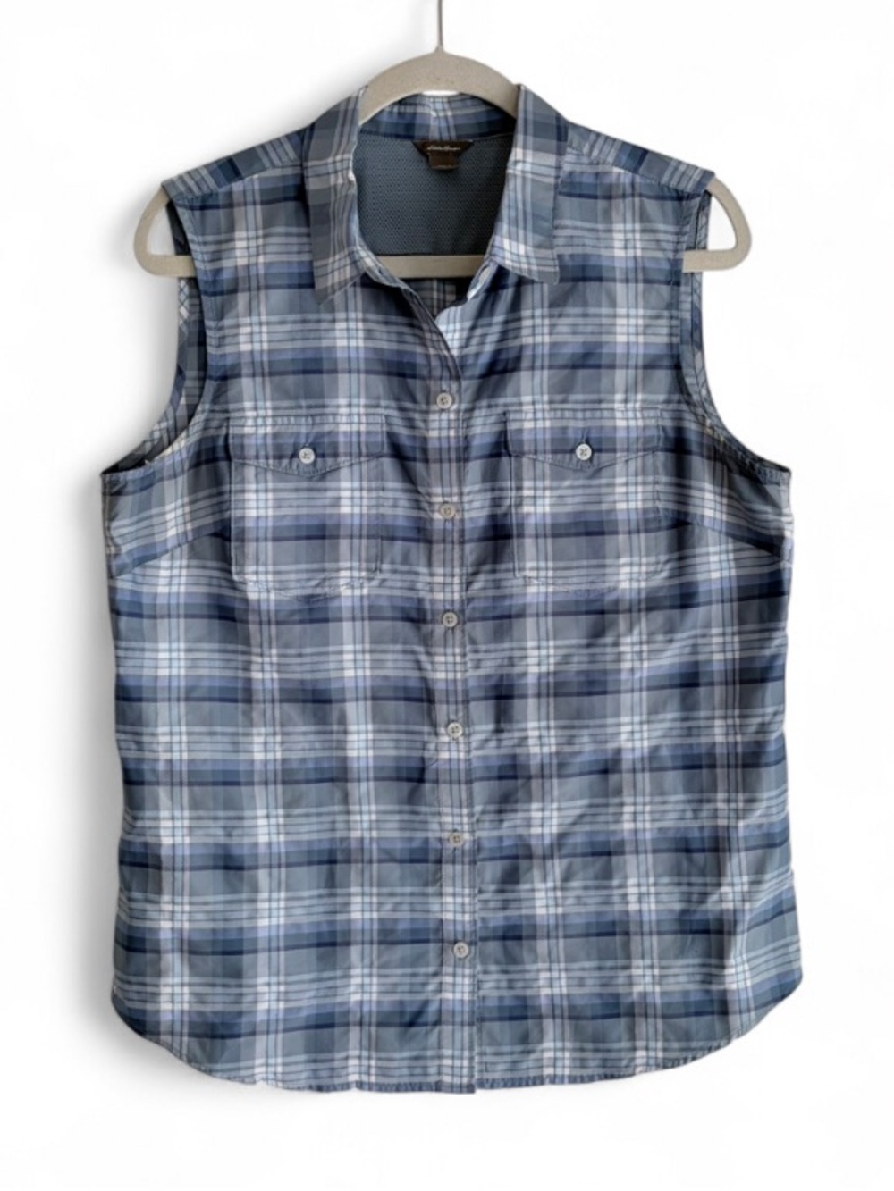 Eddie Bauer Women's Blue Plaid Quick Dry Sleeveless Button Down Shirt Size L